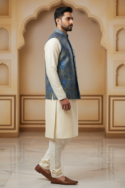 Blue & Green Brocade Nehru Jacket with Cream  Kurta Set