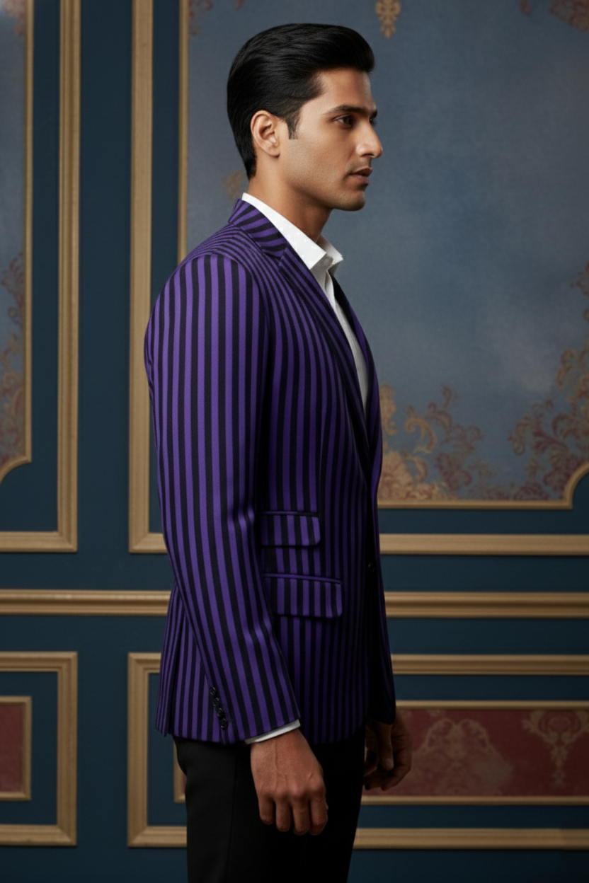 Men'sRoyal Purple and Black Vertical Striped Slim-Fit Blazer , Designer Party & Evening Wear Jacket