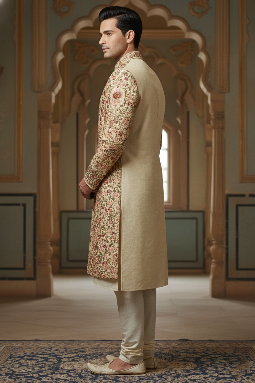 Beige Sherwani with Multicolor Embroidery