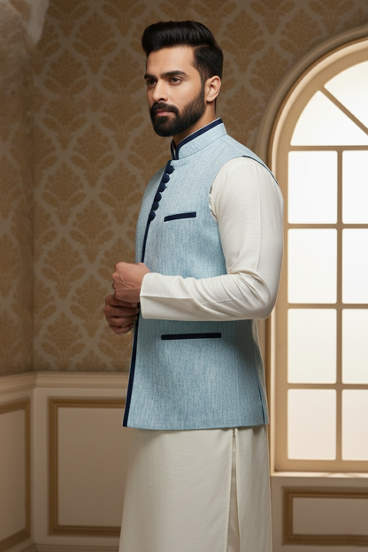 Men’s Light Blue Nehru Jacket with Navy Contrast Piping | Ethnic Waistcoat