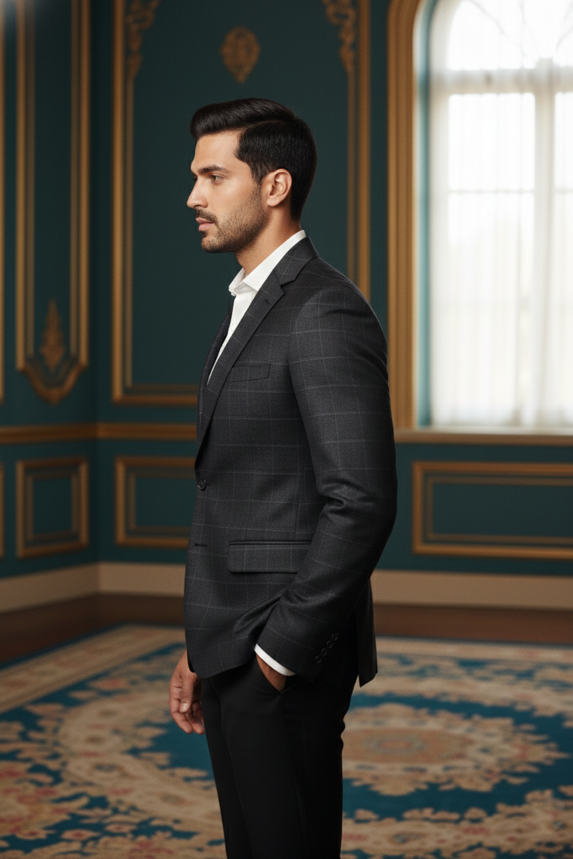 Men's Slim Fit Windowpane Check Blazer - Charcoal Graphite Grey Plaid Sport Coat - Formal Jacket for Weddings, Business, and Evening Wear