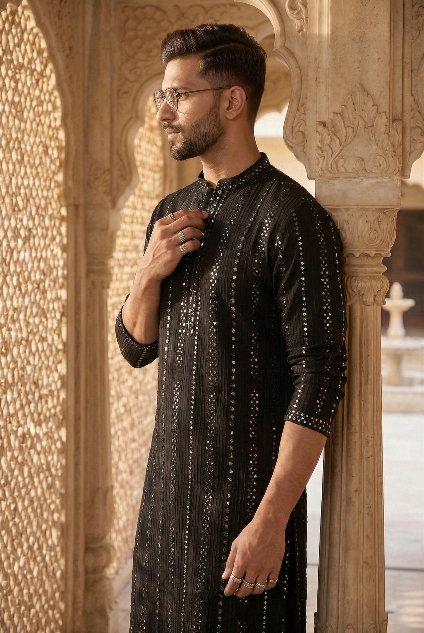 Men'sMidnight Black Sequin Partywear Kurta Pajama