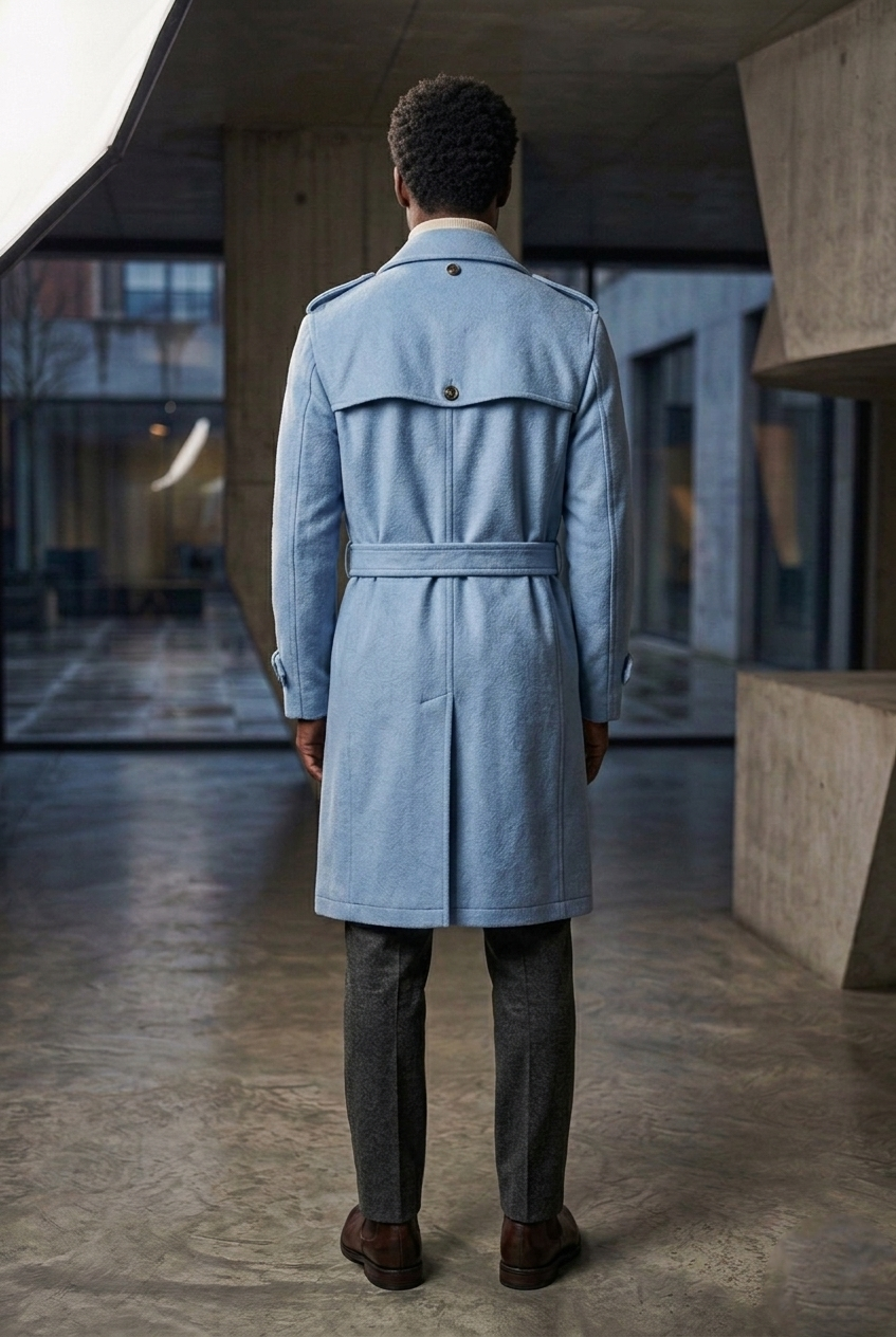 Men'sSky Blue Wool-Blend Belted Modern Trench Coat