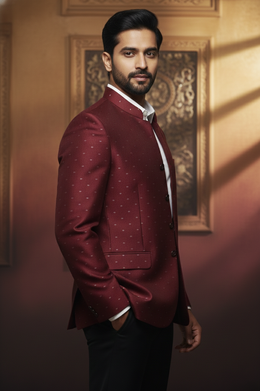 Maroon Mandarin-Collar Formal Jodhapuri with Subtle Dotted Weave