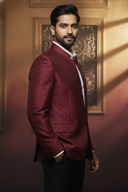 Maroon Mandarin-Collar Formal Jodhapuri with Subtle Dotted Weave