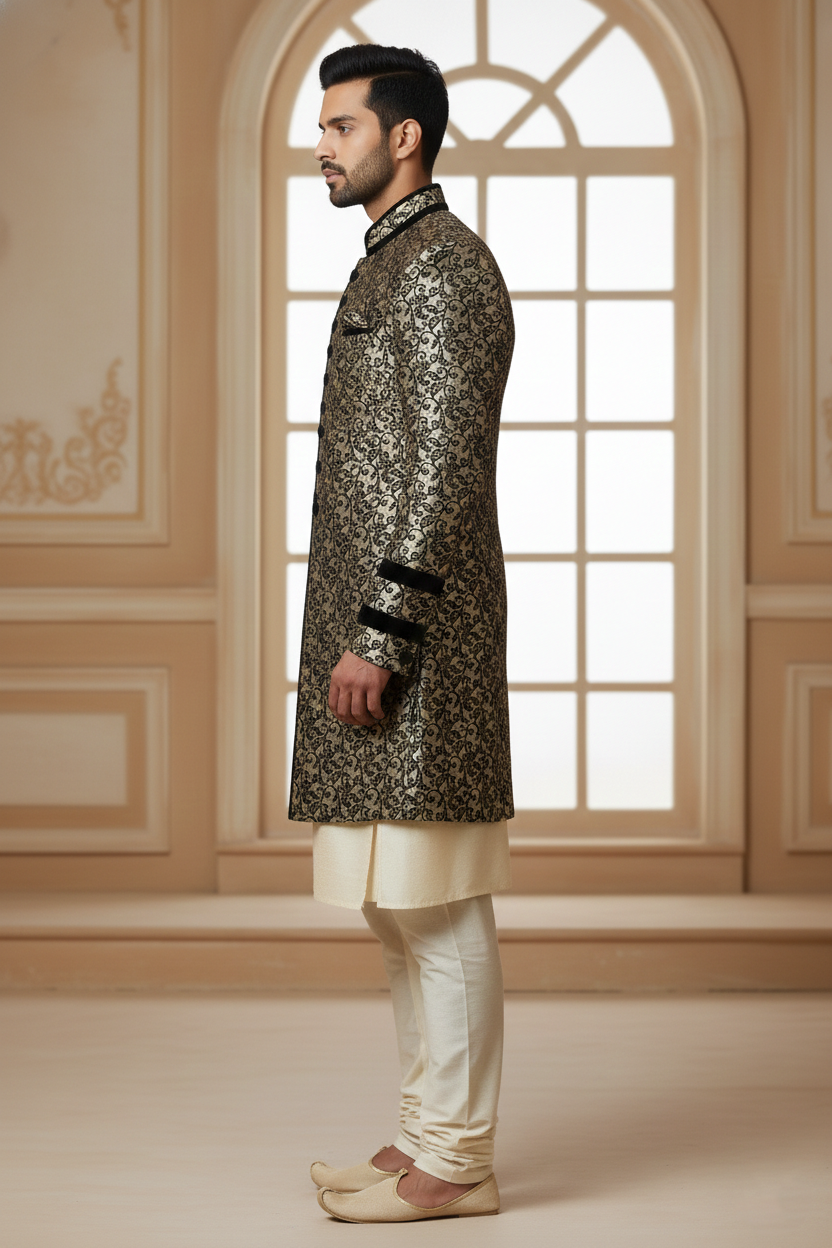 Black & Gold Floral Sherwani