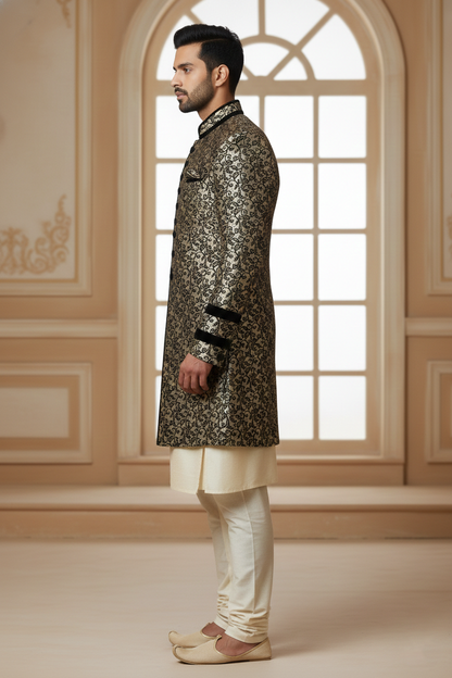 Black & Gold Floral Sherwani