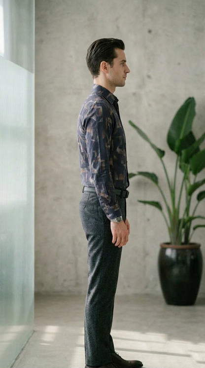 Designer Men'sAbstract Shattered Geometric Shirt , Navy & Copper Fragmented Print