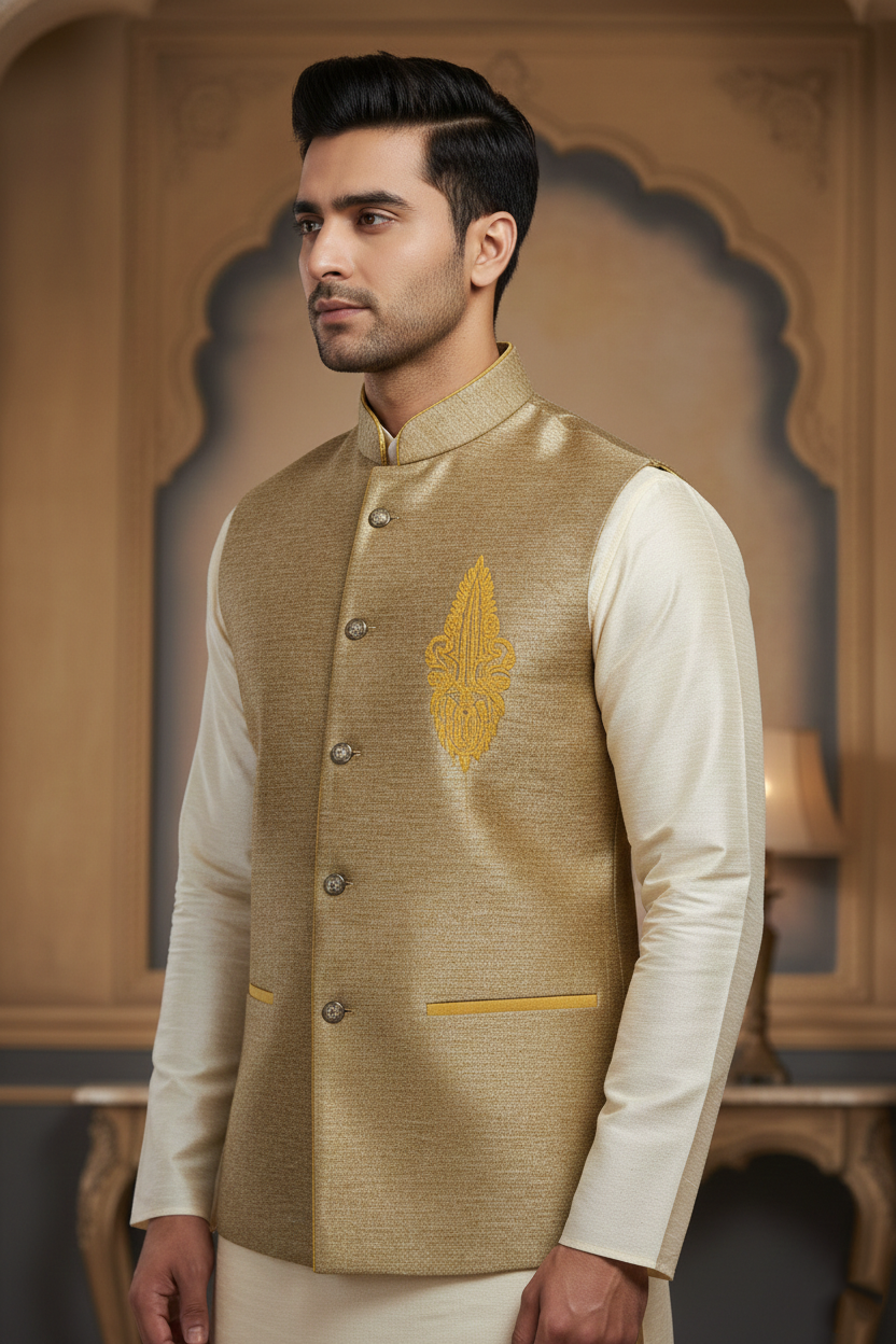 Golden Beige Nehru Jacket with Cream Kurta Set