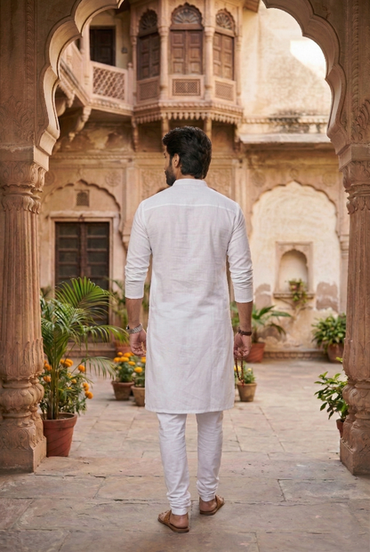Men's Pure White Cotton Linen Plain Kurta Pajama Set