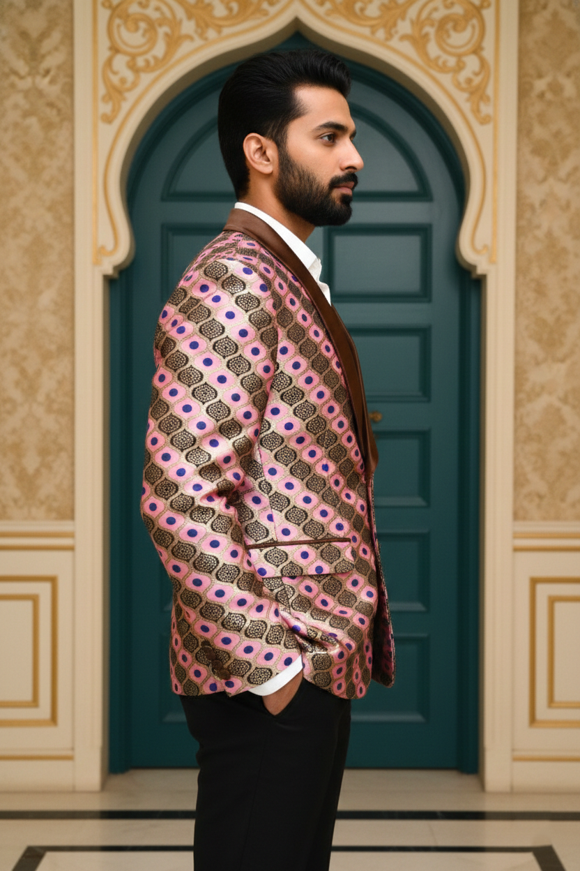 Men'sRose Pink & Bronze Banarasi Jacquard Tuxedo Blazer , Premium Ethnic Fusion Wear