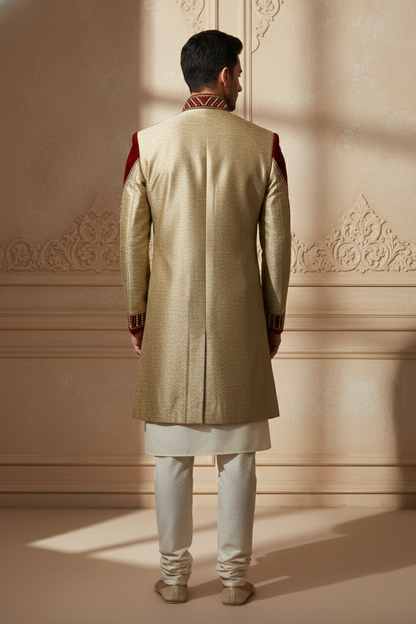 Gold Sherwani with Red Embellishments