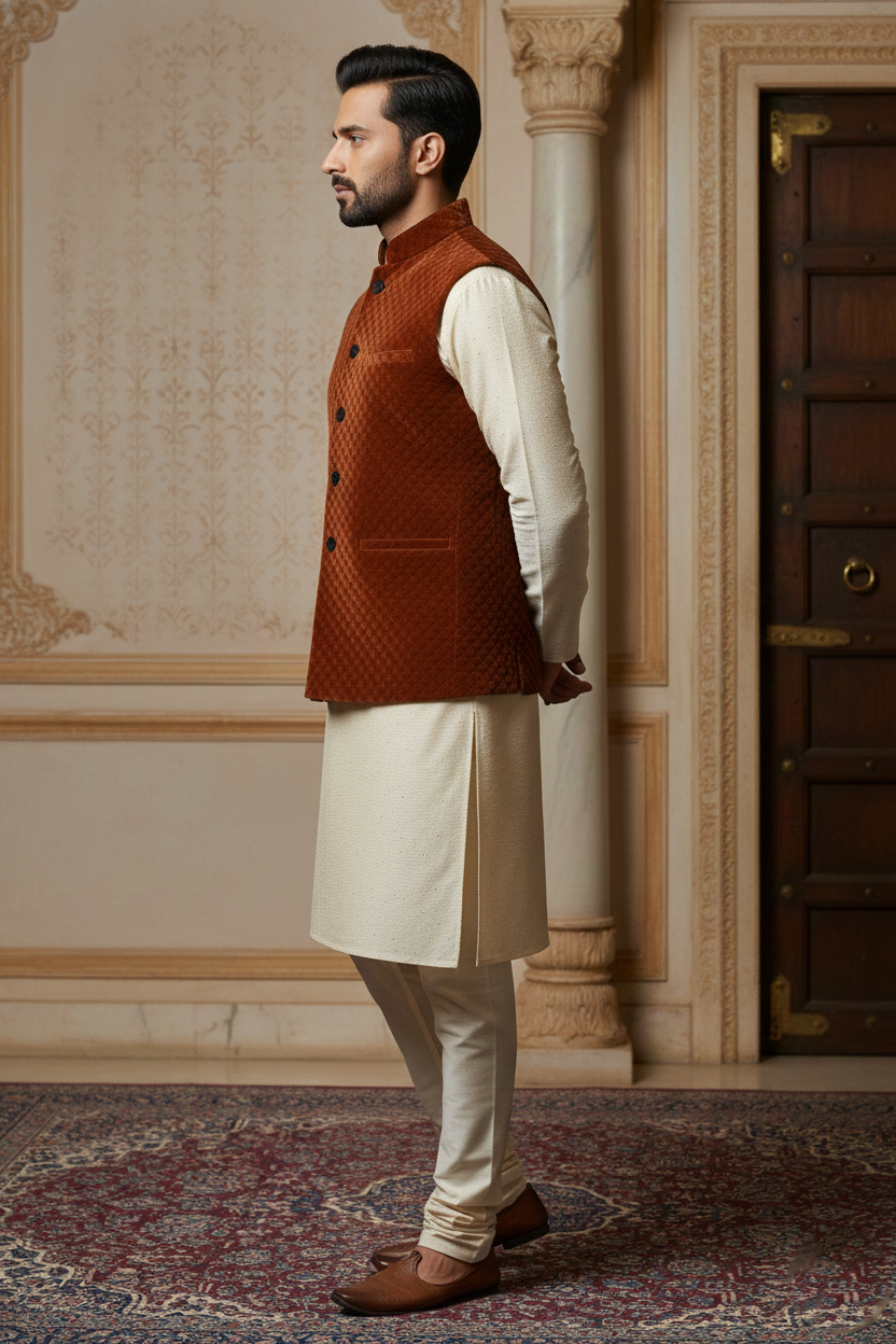 Men’s Rust Orange Quilted Velvet Nehru Jacket