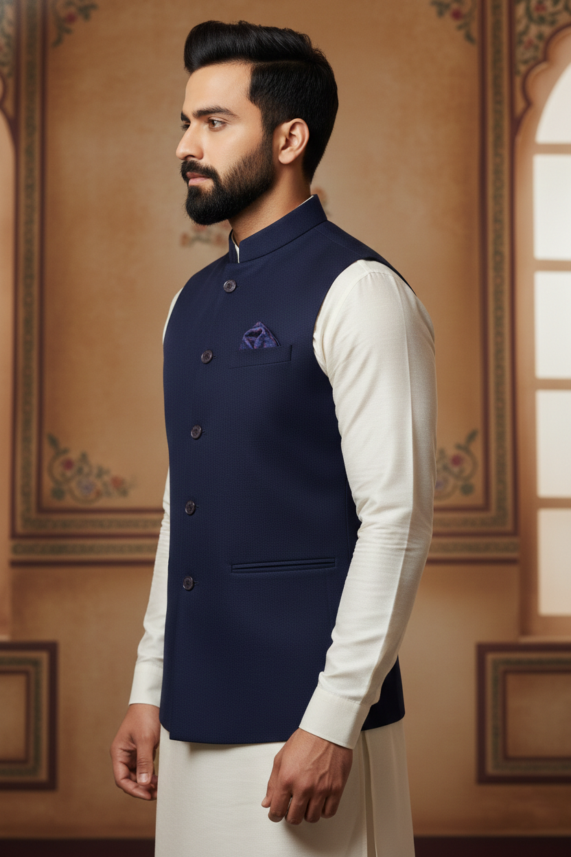 Men’s Navy Blue Nehru Jacket with Ivory Kurta