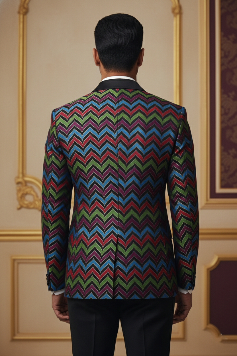 Multicolor Zigzag Double-Breasted Blazer with Satin Lapels