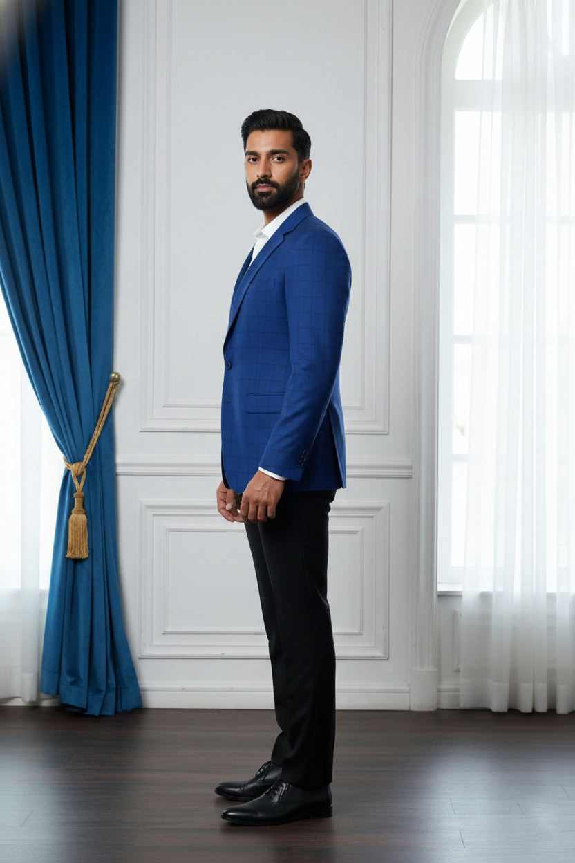 Men's Royal Blue Slim Fit Checked Blazer