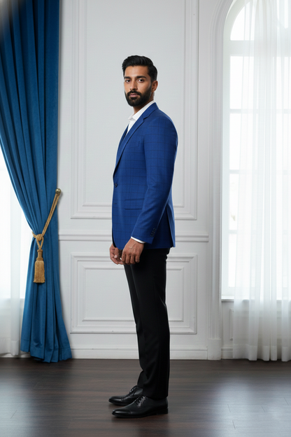 Men's Royal Blue Slim Fit Checked Blazer