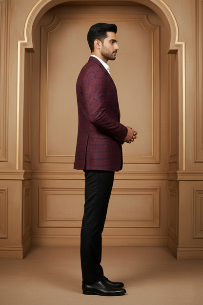 Men's Maroon & Navy Checkered Jacquard Blazer