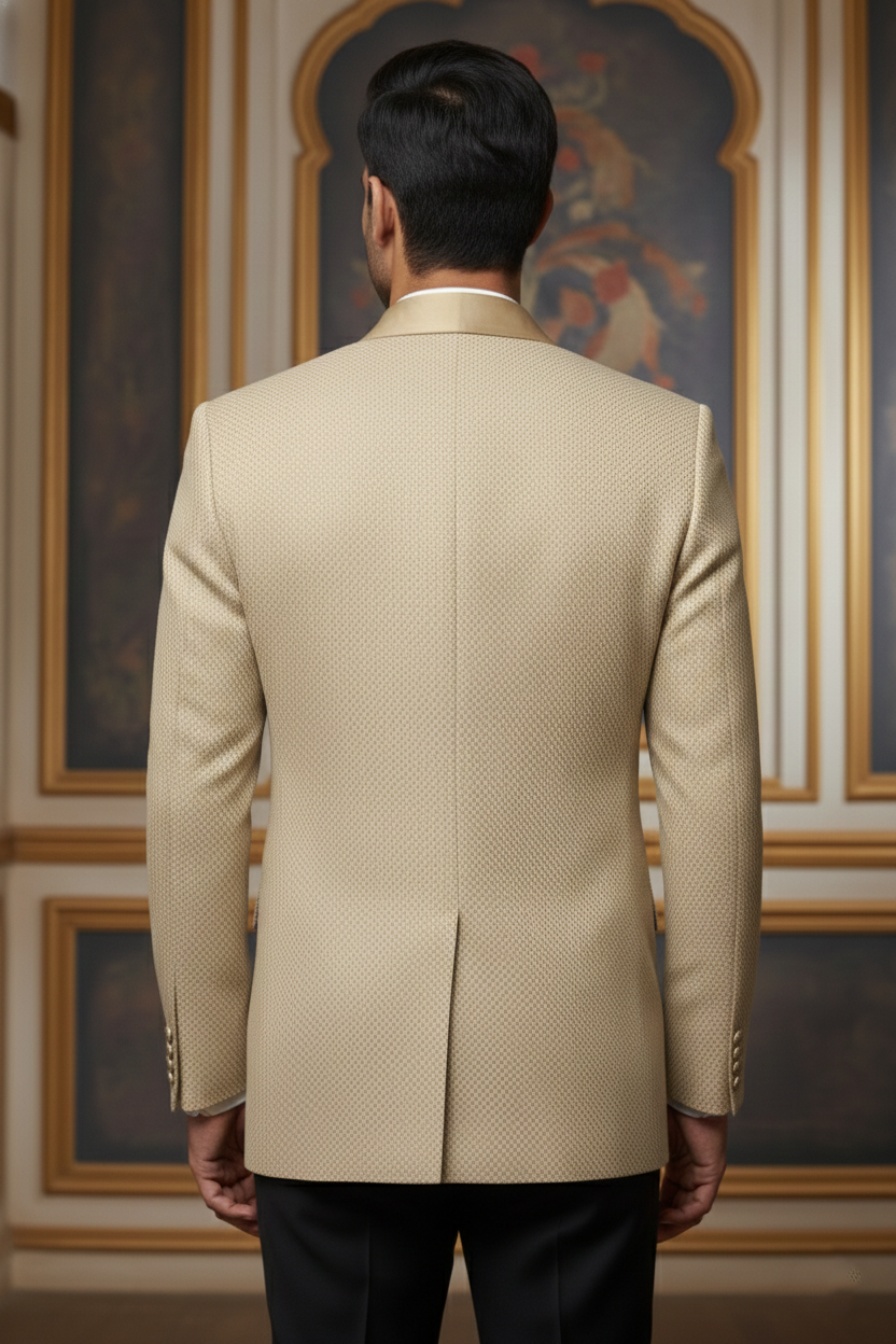 Beige Textured Blazer with Satin Shawl Collar