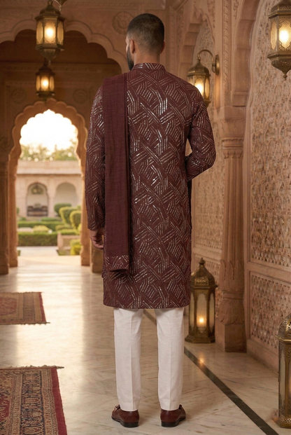 Wine Geometric Foil Print Partywear Kurta Pajama Set