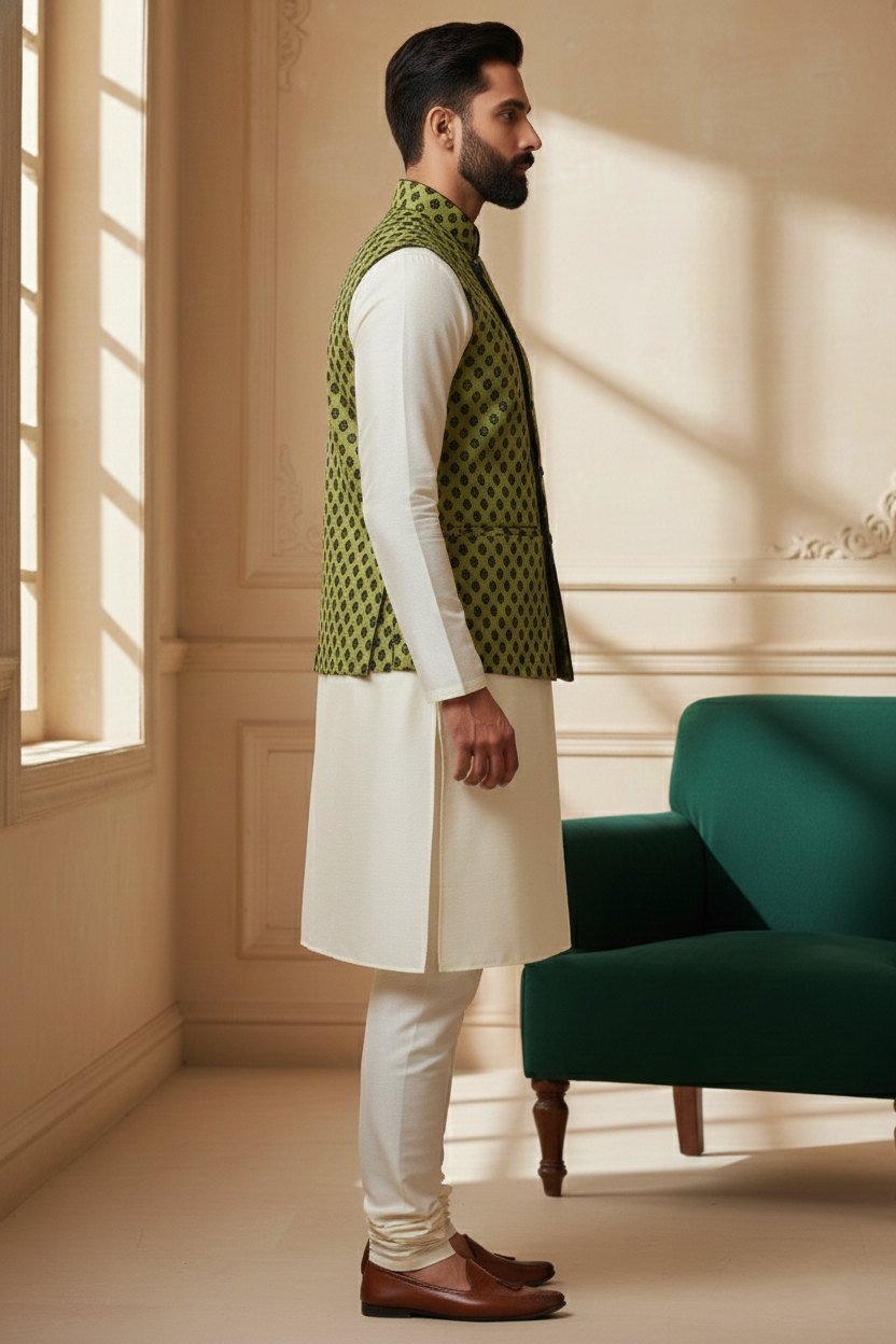 Men’s Olive Green Printed Nehru Jacket Kurta Pajama
