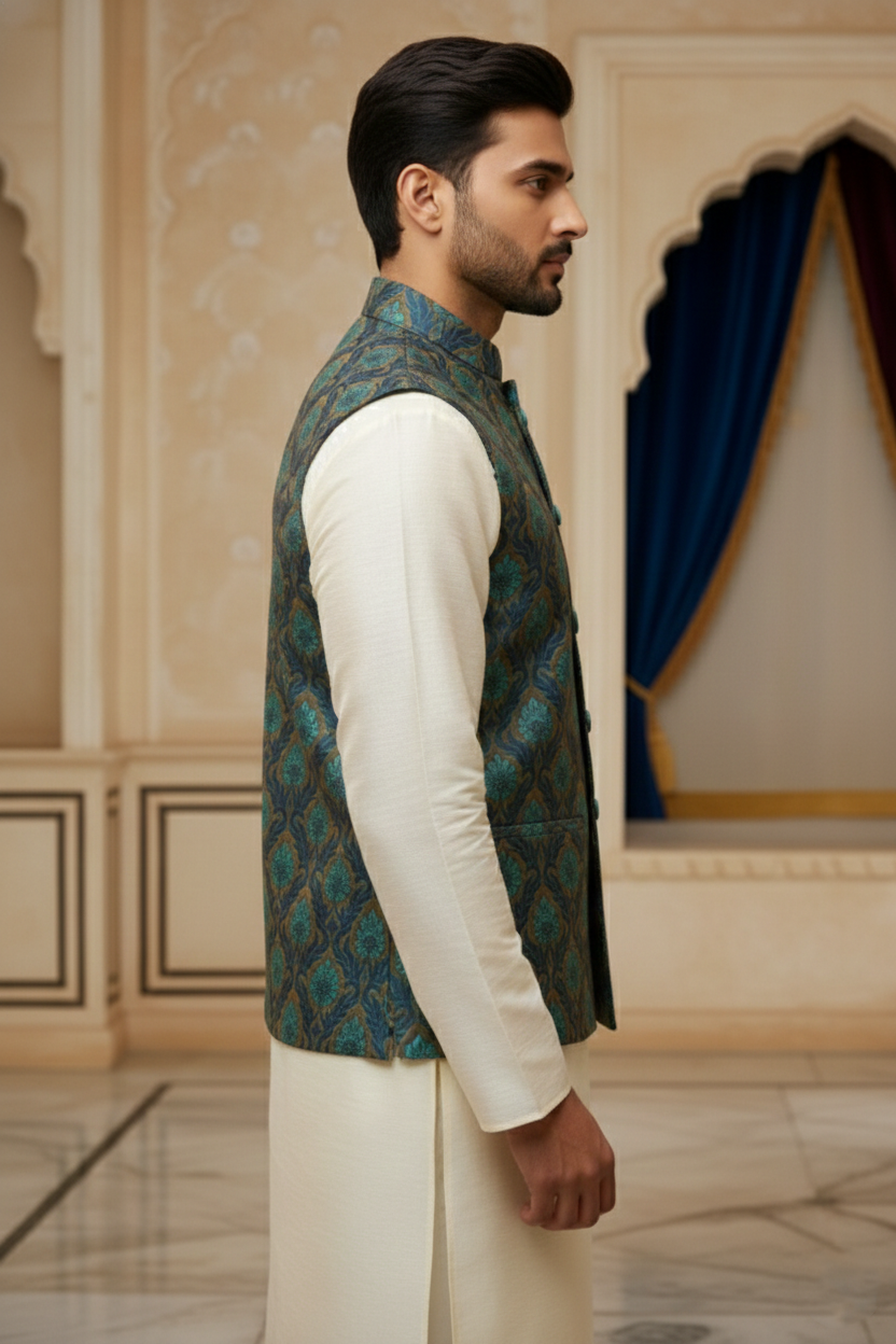 Men’s Teal Printed Nehru Jacket with Ivory Kurta
