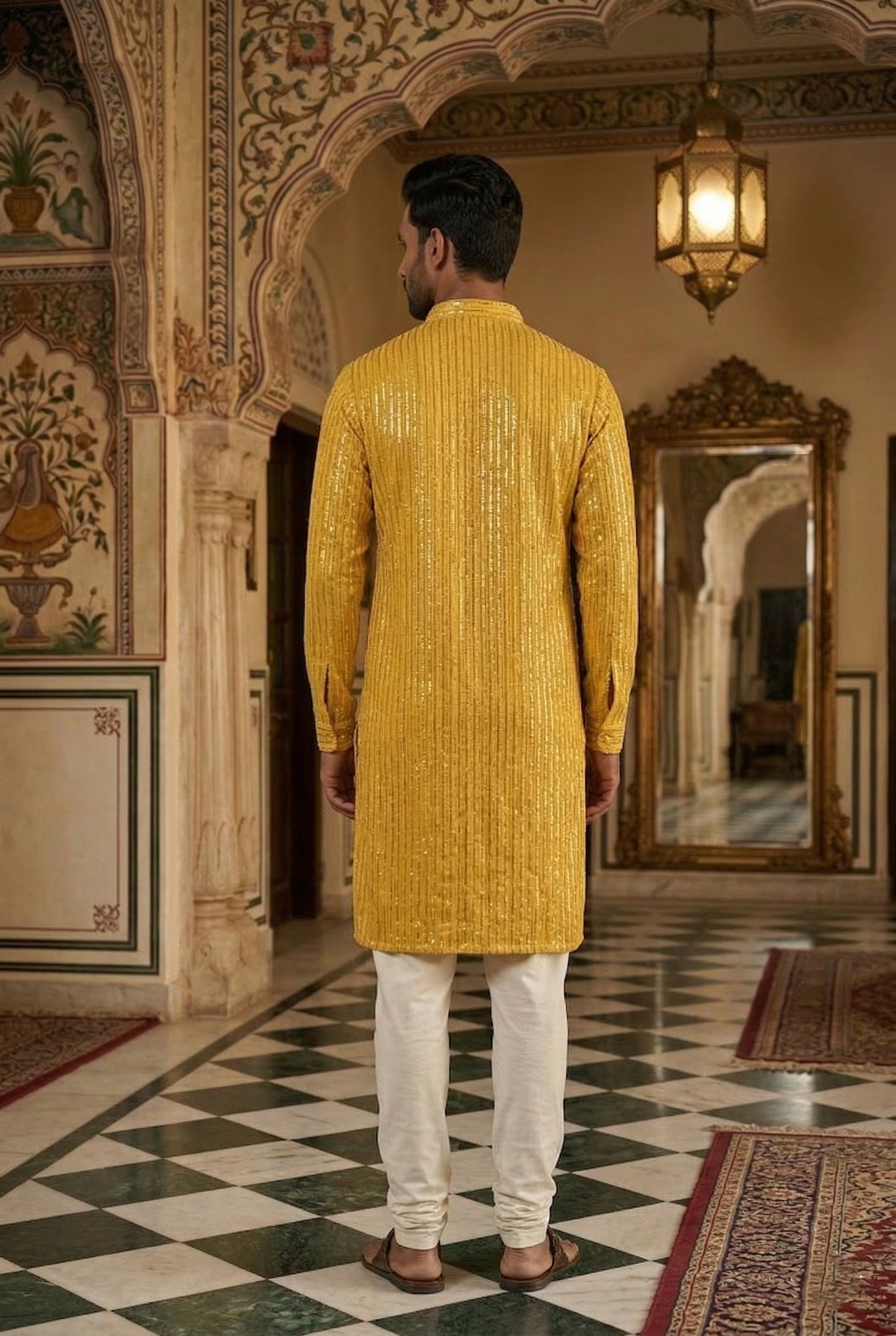 Men's Mustard Yellow Sequin Designer Kurta Pajama