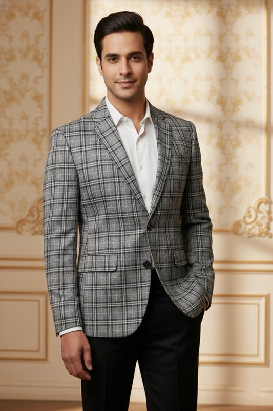 Men'sPremium Grey Glen Plaid Blazer , Slim-Fit Checked Formal Sport Coat for Business & Weddings