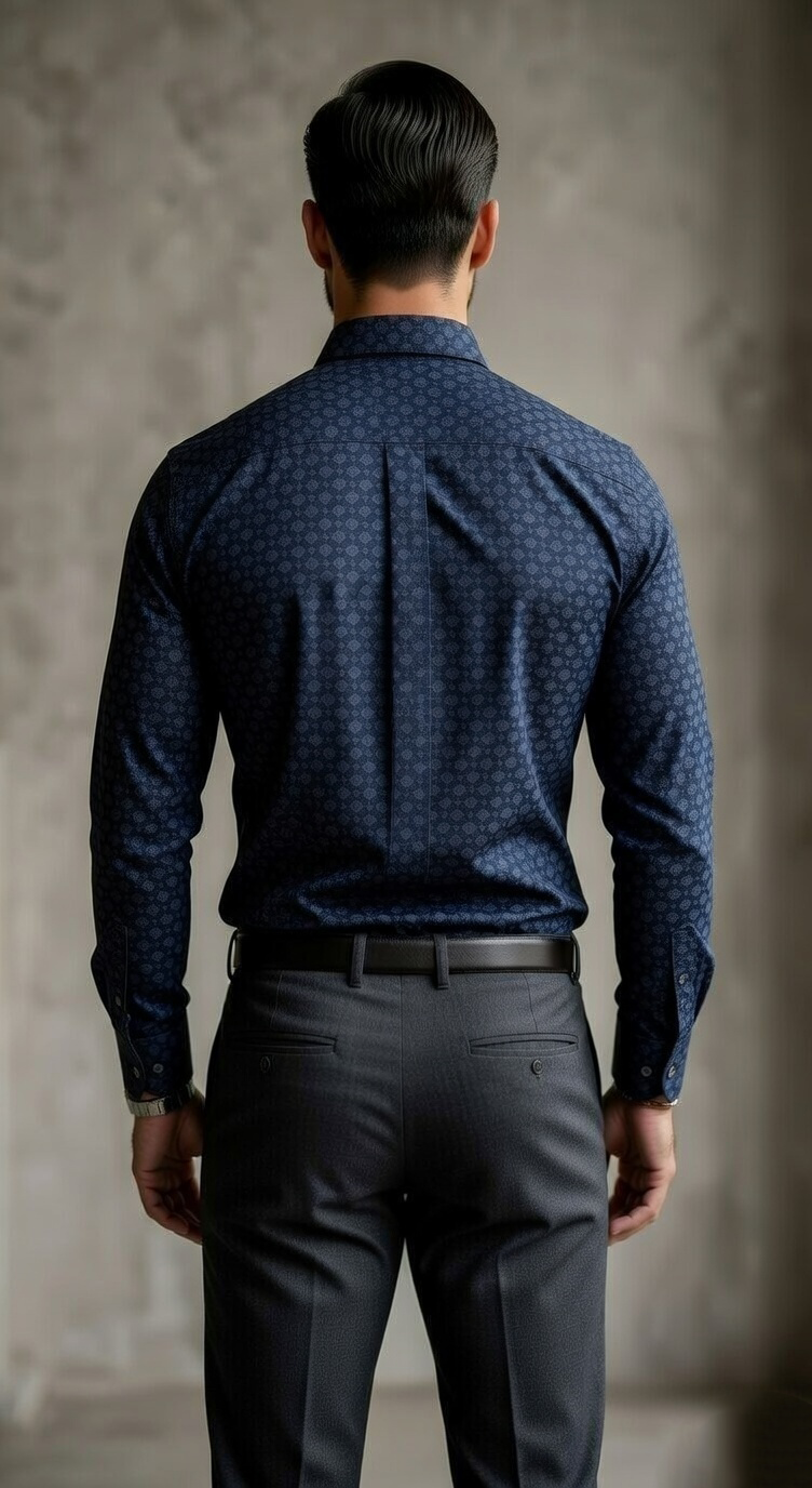 Designer Men'sNavy Medallion Print Dress Shirt , Slim Fit Geometric Floral
