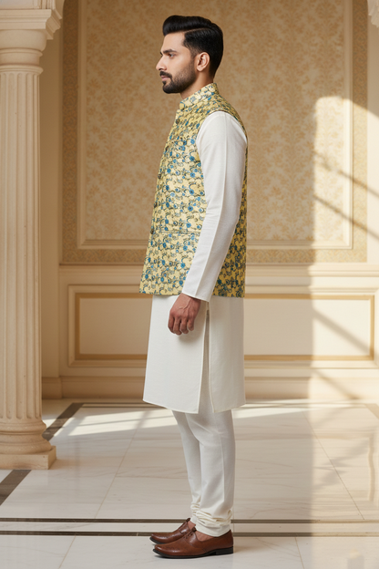 Men’s Yellow Floral Nehru Jacket with Ivory Kurta Pajama