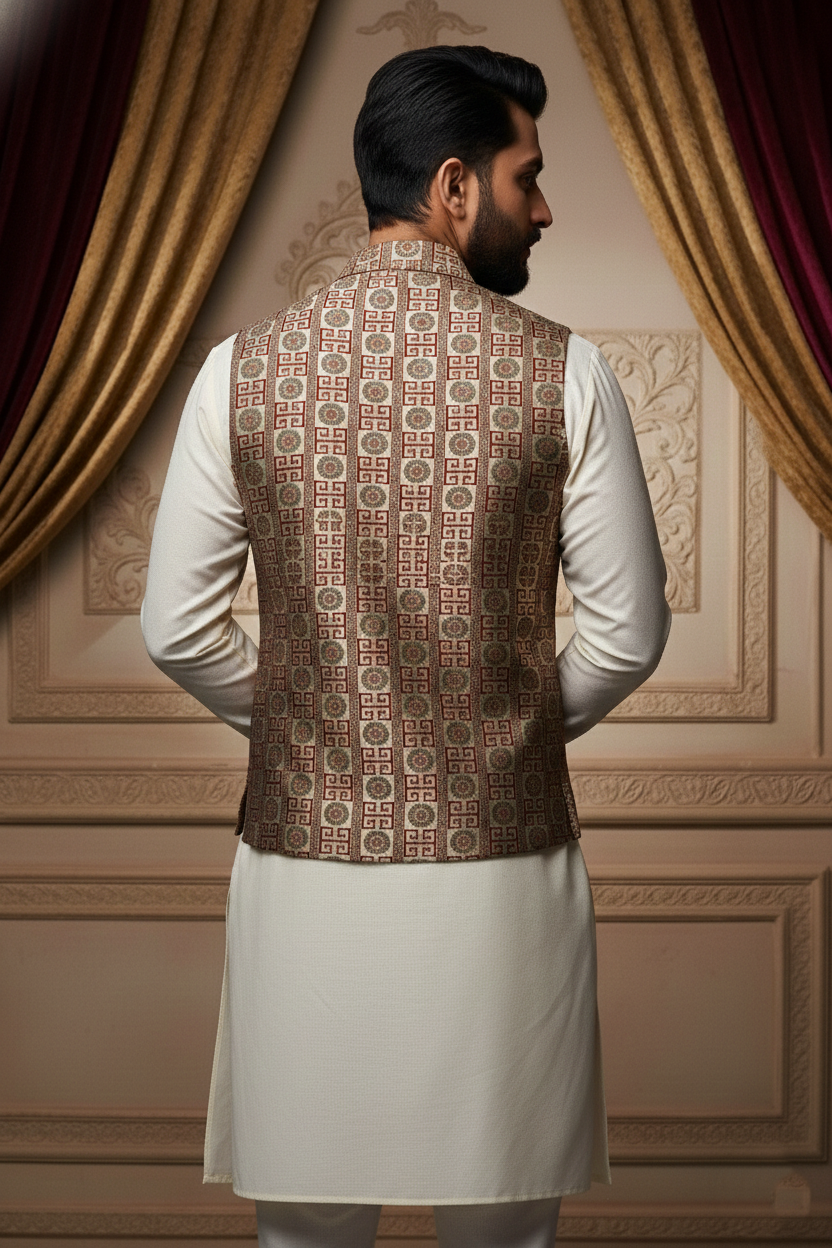 Men’s Beige & Maroon Designer Printed Waistcoat | Slim Fit Festive & Party Wear Vest