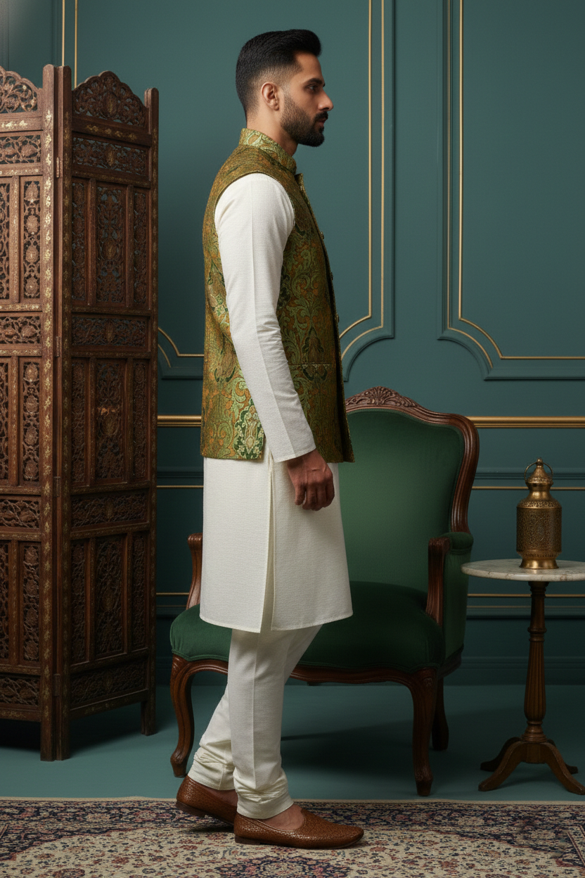 Men’s Green Printed Nehru Jacket with Ivory Kurta