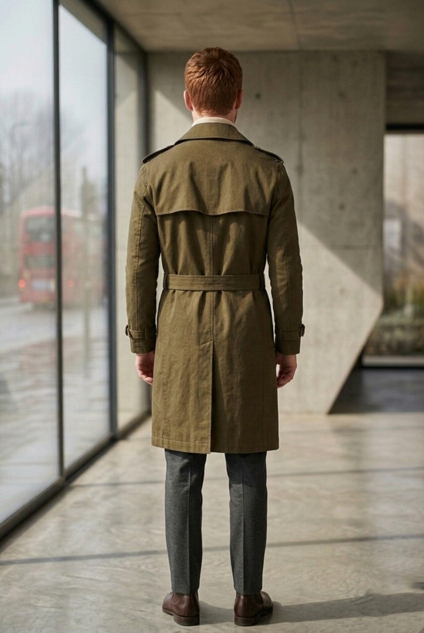 Men'sOlive Green Belted Double-Breasted Trench Coat