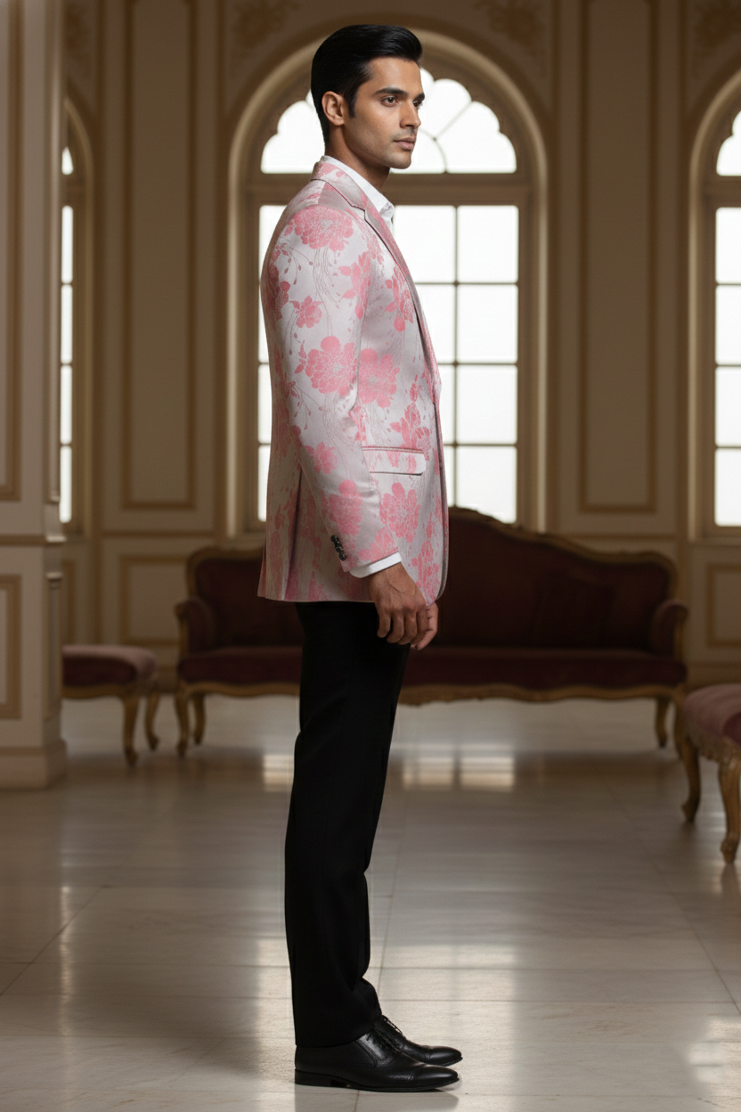 Light Pink Floral Blazer with Notched Lapel & Two-Button Closure