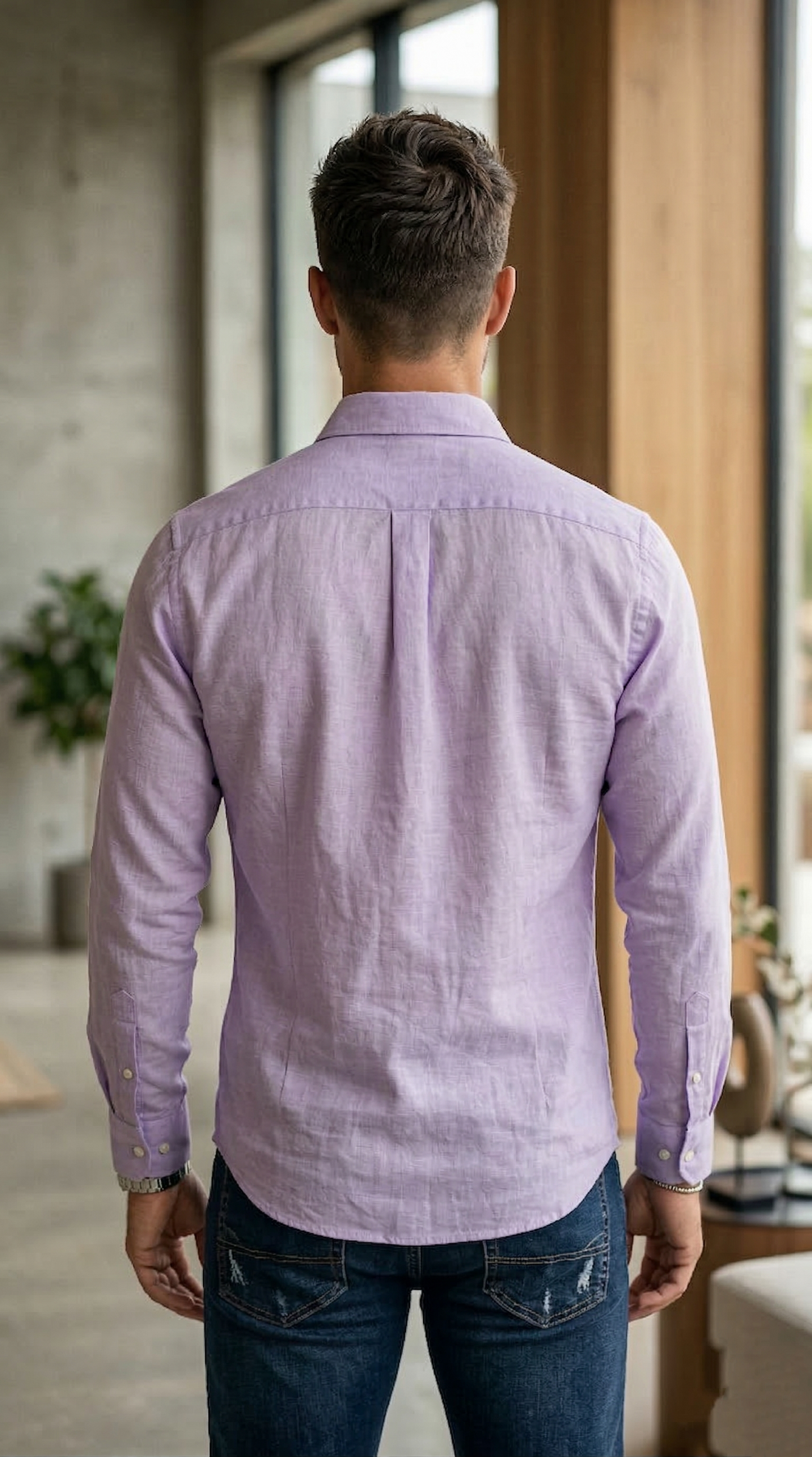 Men'sCasual Slim-Fit Linen-Cotton Shirt in Heathered Lavender