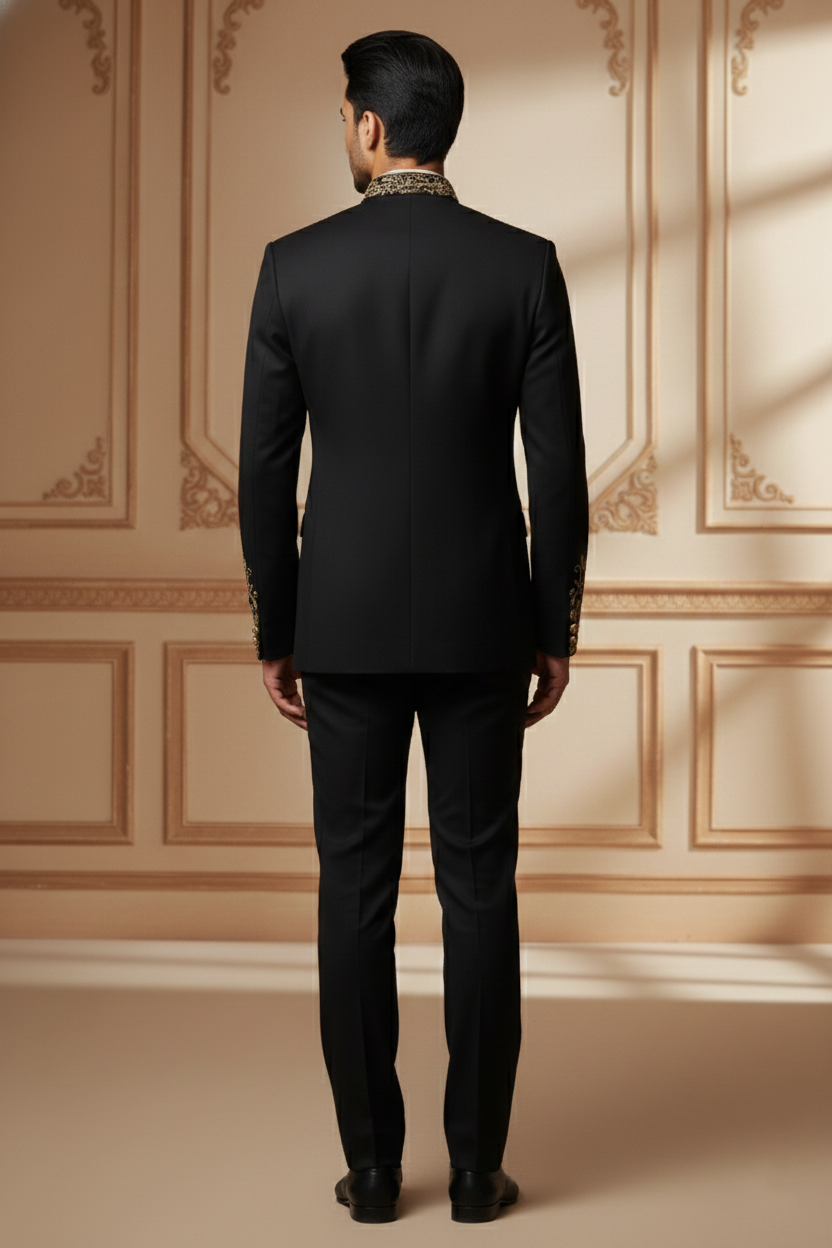 Men'sBlack Embroidered Bandhgala Suit