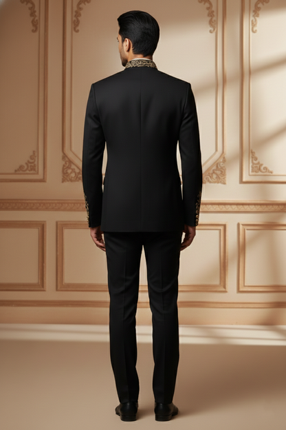 Men'sBlack Embroidered Bandhgala Suit