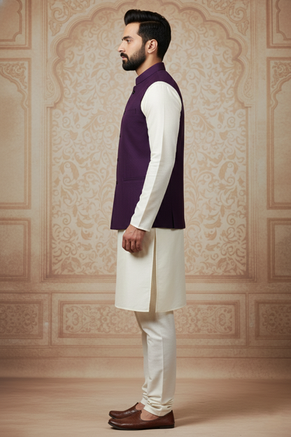 Deep Purple Nehru Jacket with Cream Kurta Set