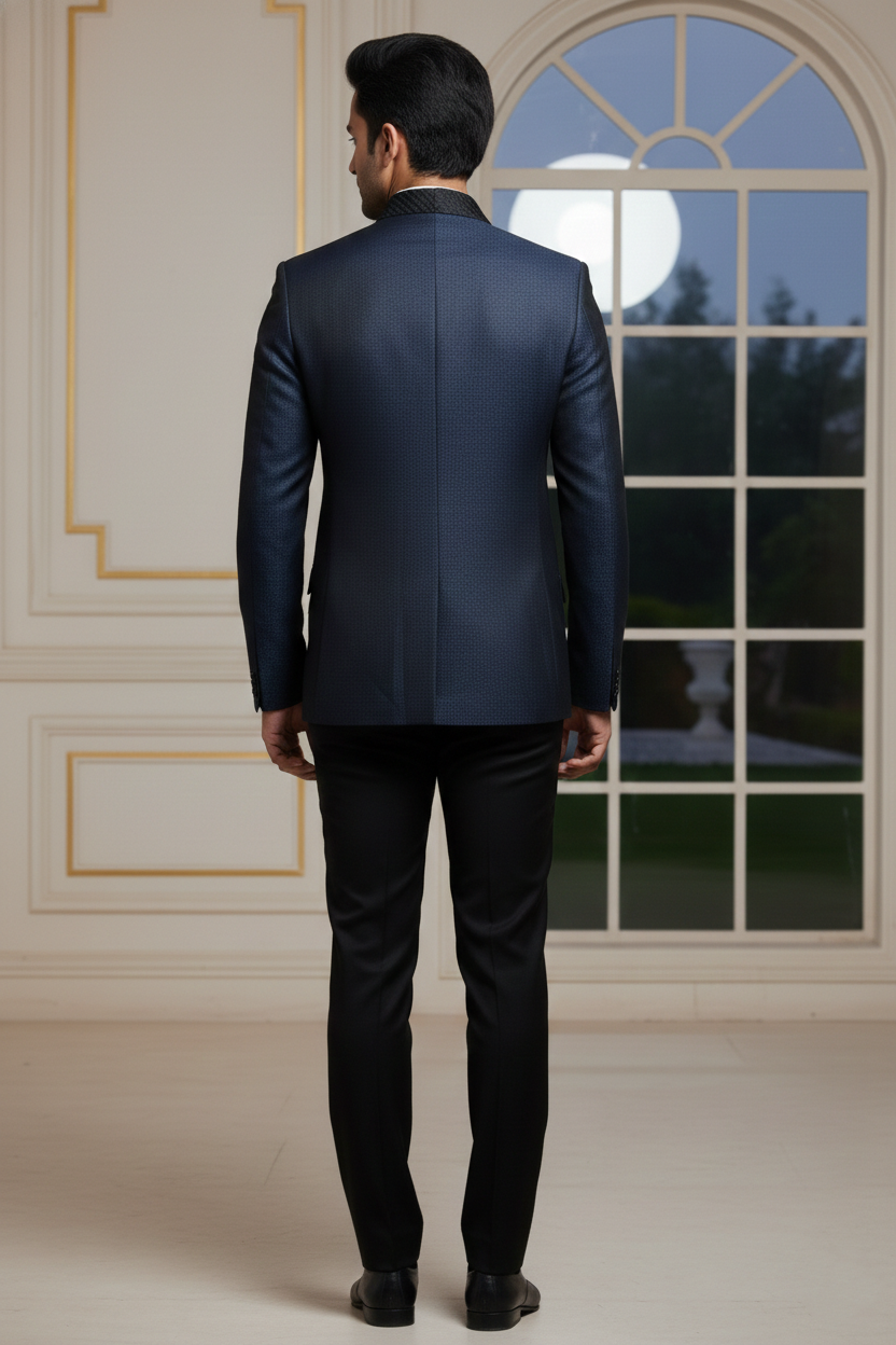 Dark Blue Formal Blazer with Textured Lapel Detail