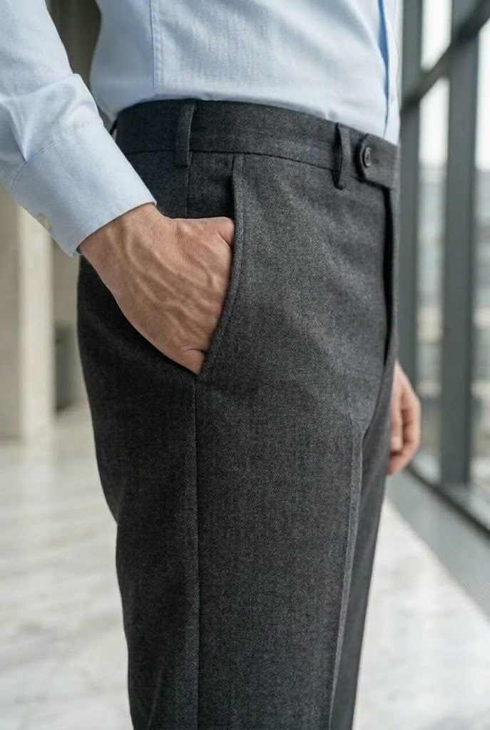 Men'sCharcoal Herringbone Wool Dress Trousers