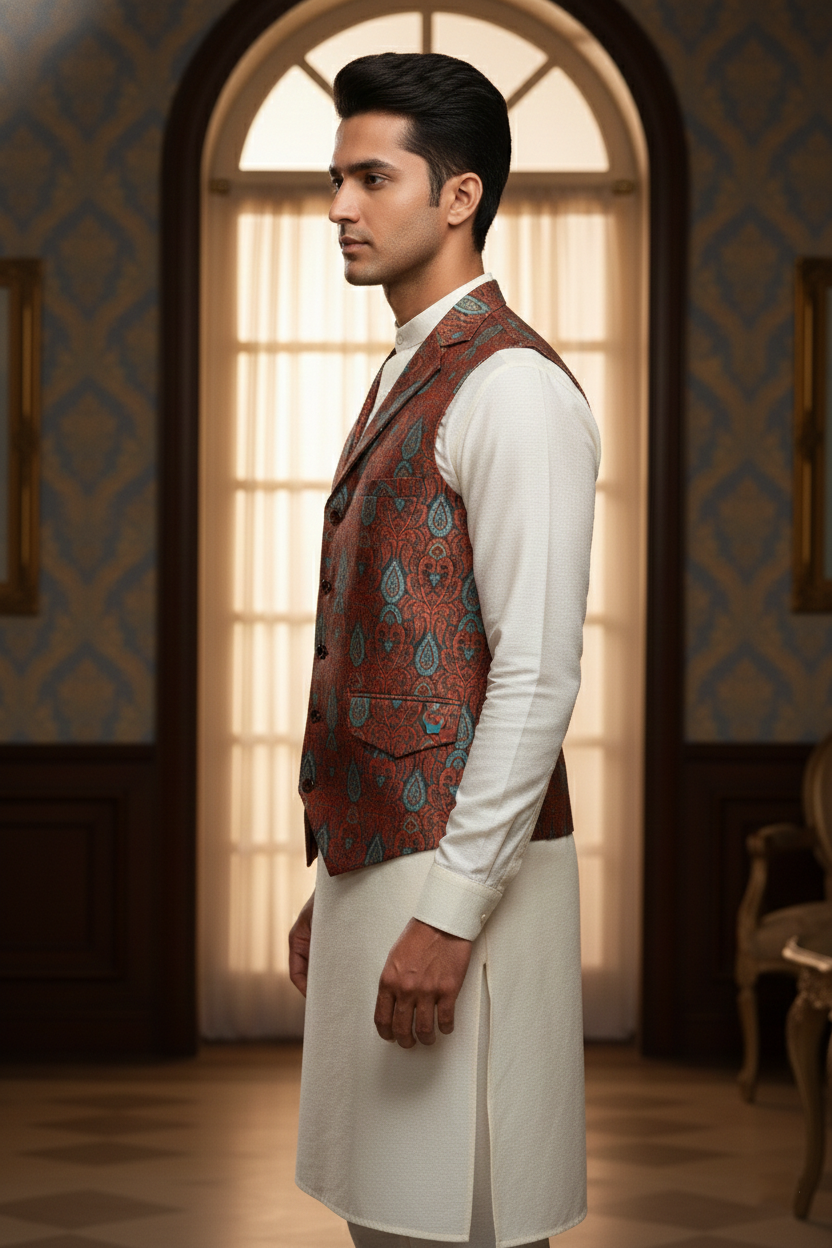 Men’s Rust & Teal Brocade Waistcoat – Slim Fit Paisley Jacquard Nehru Vest with Notch Lapel