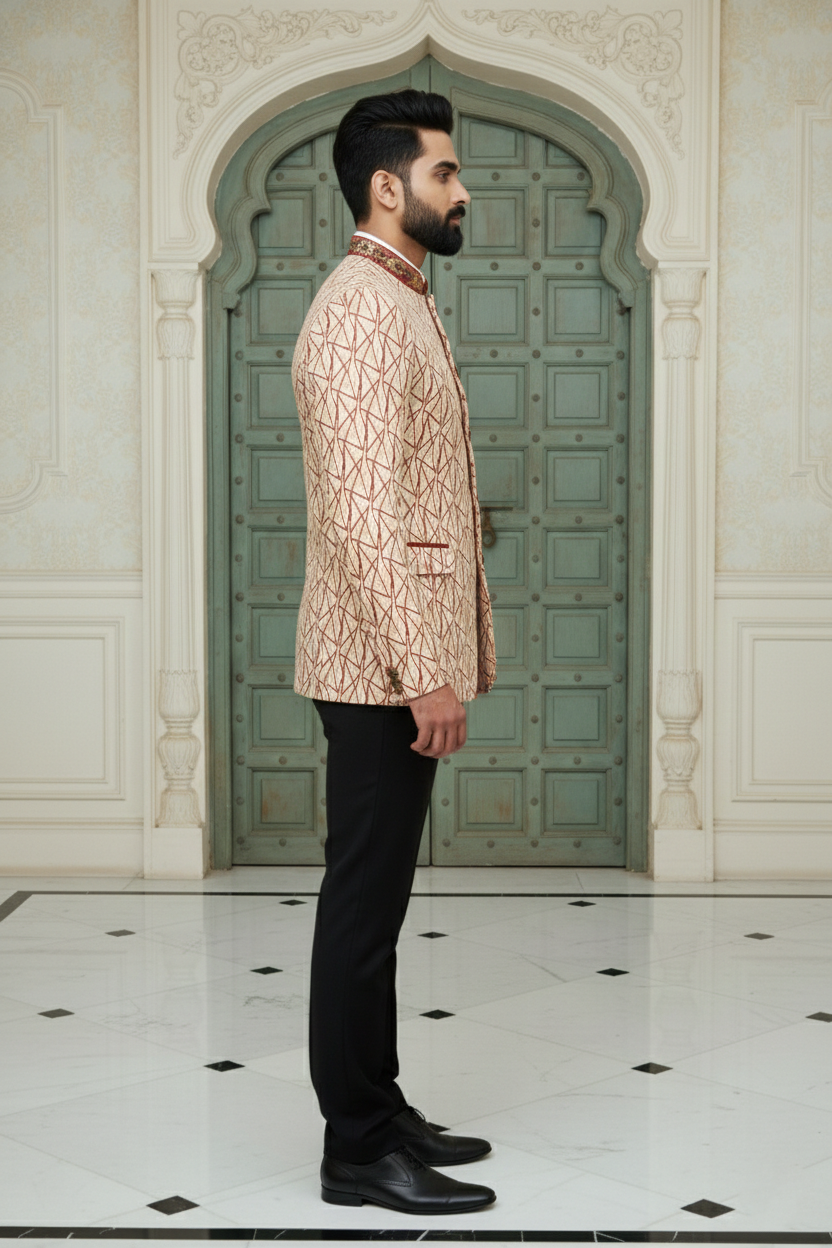 Men'sCream & Rust Geometric Print Bandhgala Jodhpuri Blazer
