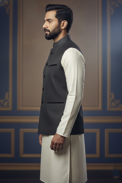 Men's Black Self-Textured Nehru Jacket – Classic Slim Fit Ethnic Modi Waistcoat for Weddings & Formal Events