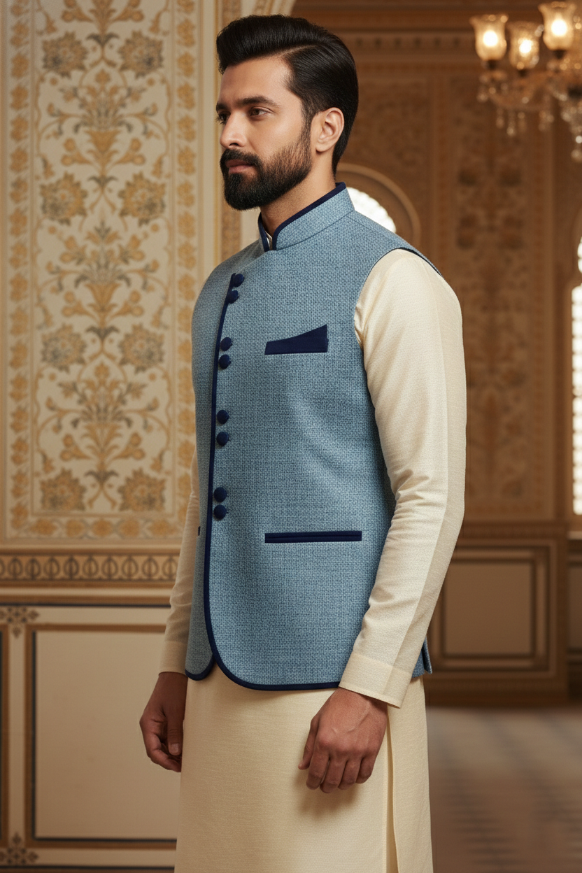 Light Blue Textured Nehru Jacket with Dark Blue  Trim & Cream Kurta Set