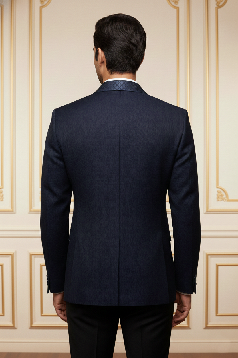 Men'sNavy Blue Quilted Shawl Lapel Blazer