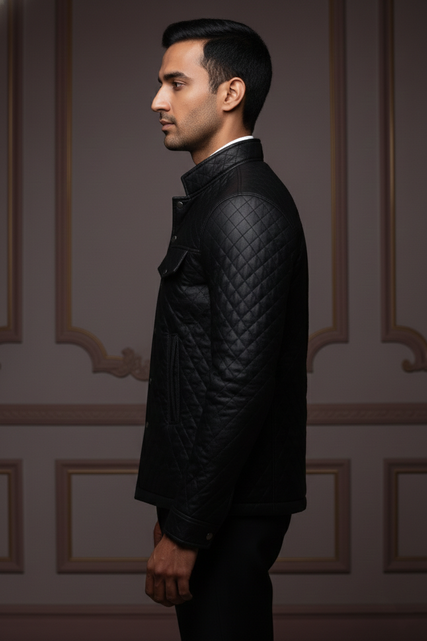 Men's Premium Quilted Diamond-Stitch Polyester Taffeta Jacket , Slim Fit Mock Neck Bomber with Utility Pockets