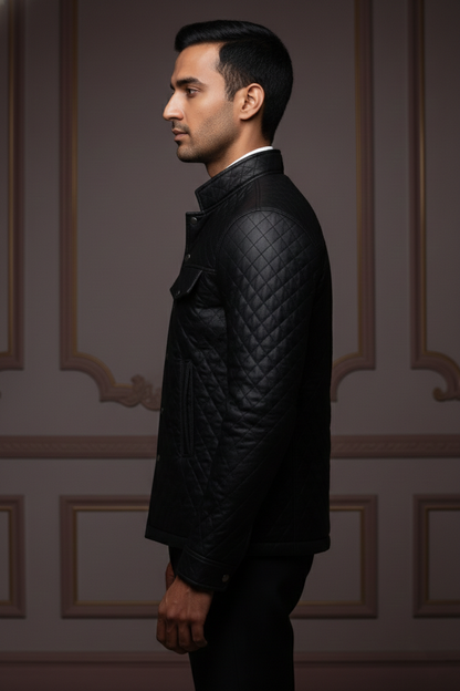 Men's Premium Quilted Diamond-Stitch Polyester Taffeta Jacket , Slim Fit Mock Neck Bomber with Utility Pockets