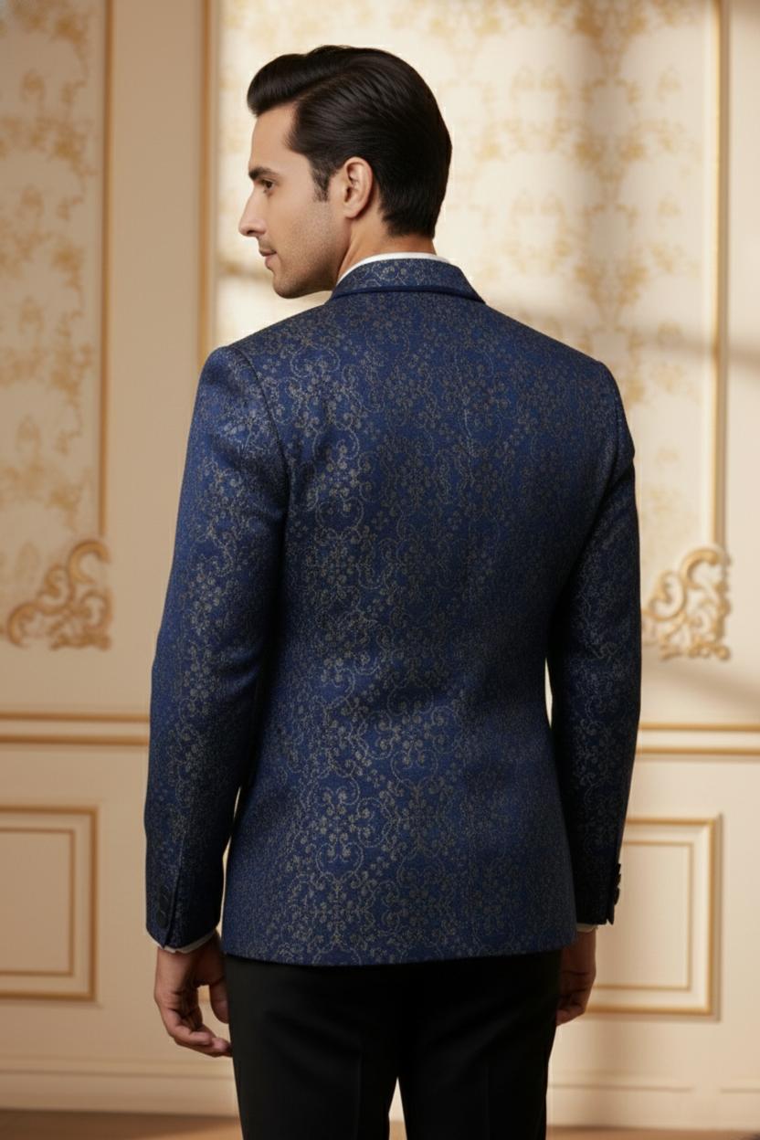 Men'sRoyal Blue Jacquard Brocade Blazer , Luxury Slim-Fit Floral Pattern Party Wear Jacket