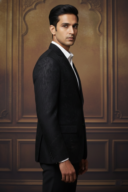 Black Textured Blazer with Abstract Pattern & Notched Lapel