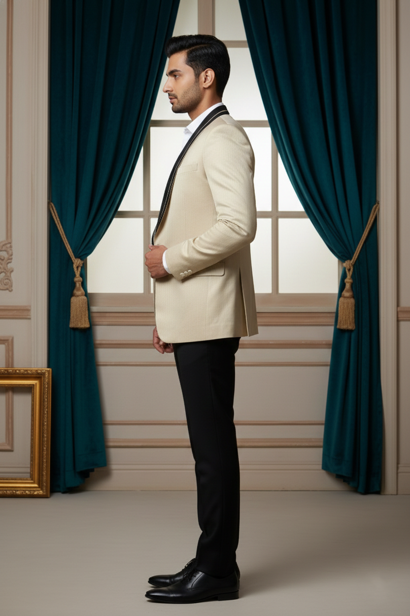 Men's Premium Cream Jacquard Tuxedo 3-Piece Suit Set